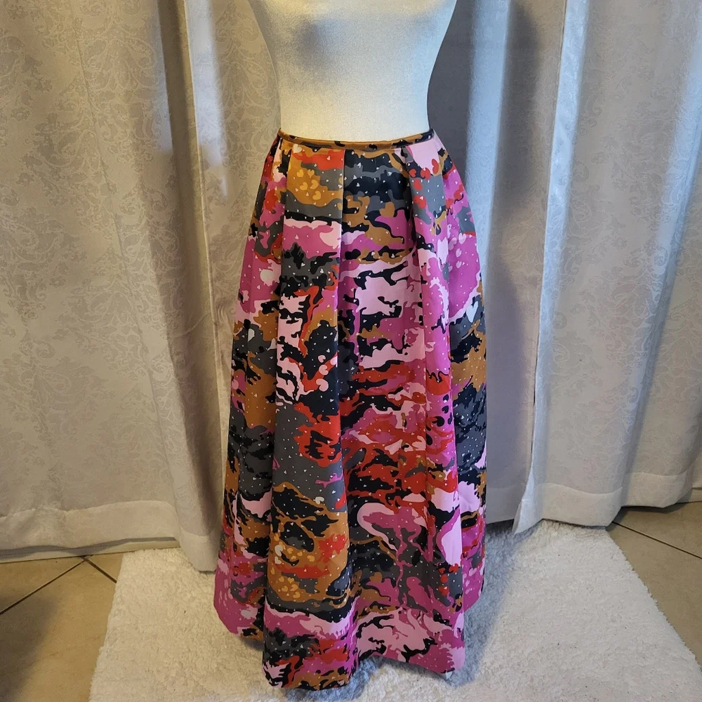 NWT MANISH ARORA Maxi Skirt Pleated Flowy, Size L, Color Pink, Multicolor